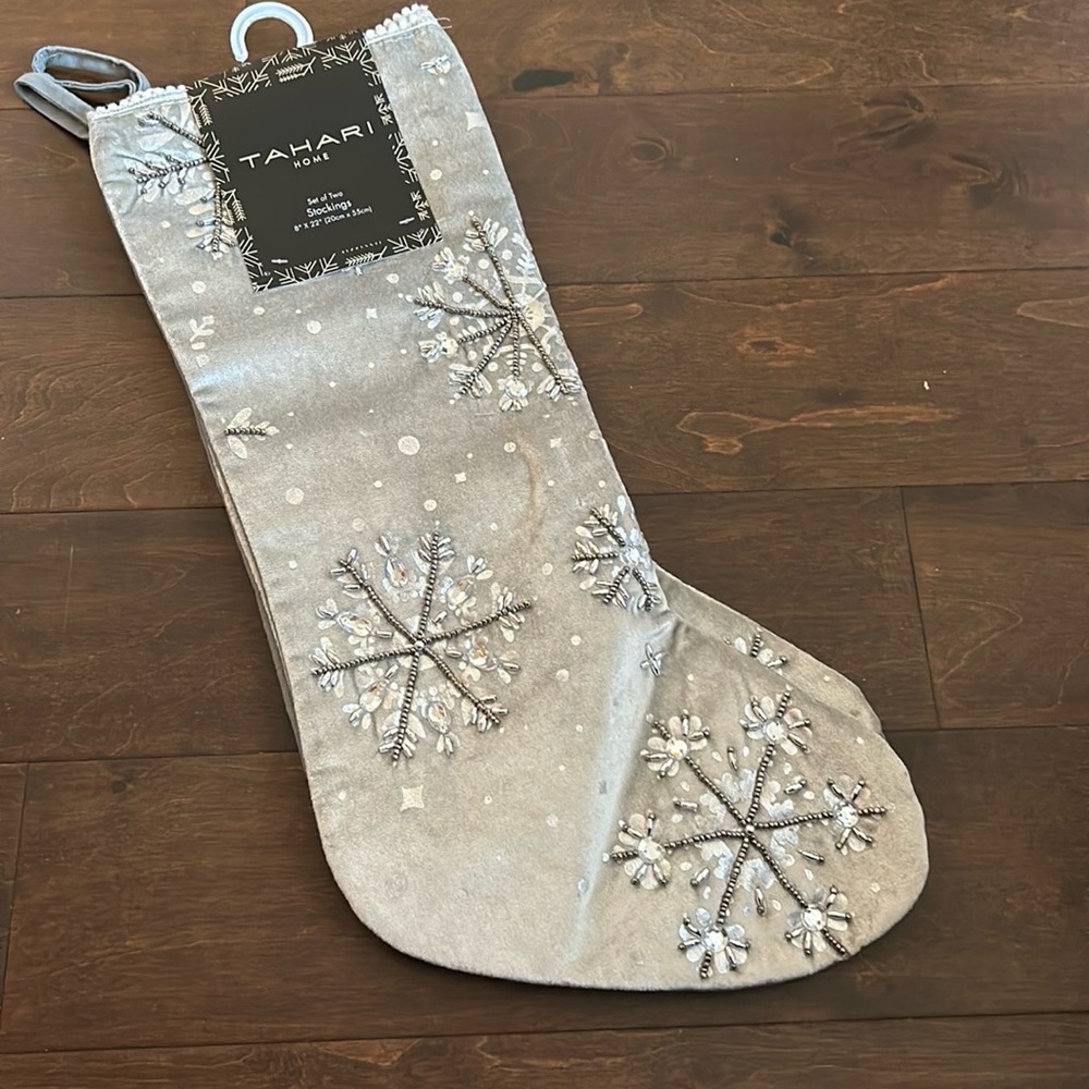 2 Tahari Embroidered  Stocking Christmas  Beaded Gray Silver  Snowflake